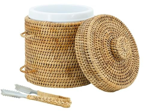 AUBRY GASPARD - Seau à Glace en Rotin avec Pince - Finition Naturel - Ø 20 cm x Hauteur 25 cm - Seau Amovible en Plastique pour Conserver le Froid - Idéal pour Réceptions et Dîners Conviviaux