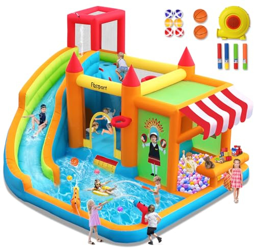 FBSPORT Inflatable Bounce Castle House, XXL Outdoor Air Bounce Castle Water Park with Water Slides, with Slide Sprayer Trampoline Climbing Wall, Includes Air Blower,Outdoor Indoor