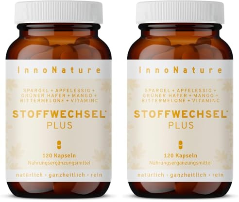 InnoNature Stoffwechsel Plus Kapseln | aus Spargel, Apfelessig, Grüner Hafer, Hagebutte, Mango und Bittermelone | 120 Kapseln, inkl. Vitamin C aus Hagebutten Extrakt, 80 mg (Packung mit 2)