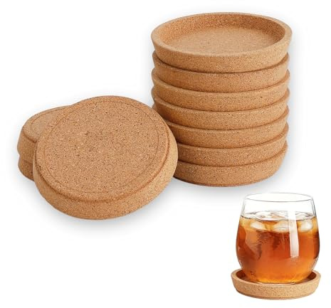 Korkuntersetzer Rund mit Rand, Absorbierende & HitzebestäNdige Kork Untersetzer zum Tischoberfläche Schutz, Korkuntersetzer Rund 10 cm Durchmesser, Untersetzer Kork für die Meisten Tassen (10er Set)