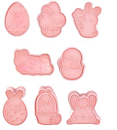 MKTOLHUS Juego de 8 cortadores de galletas de Pascua, moldes de galletas de plástico PP para hornear, fondant y pasta de azúcar, rosa, utensilios de cocina fáciles de limpiar