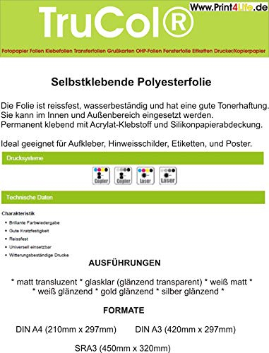 Klebefolie 10 x DIN A4 weiß glänzende Druckerfolie, klebend, zum Bedrucken, Wetterfest, Wasserfest für Laserdrucker Kopierer Farblaser Farbkopierer