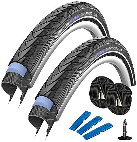 Schwalbe Marathon Plus HS 440 (40-622) 28 x 1,5 Zoll, Set: 2 x Fahrradreifen für Trekking- Crossbike + 2 x Schläuche DV 17 Blitz Ventil