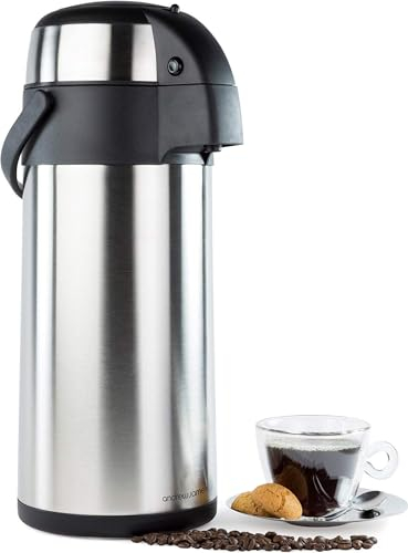 Andrew James Airpot Hot Water Dispenser, Insulated Jug with Pump Mechanism, Made of Stainless Steel, Double-Walled, Lightweight and Robust with Carry Handle, Ideal for Hot and Cold Drinks (5L)