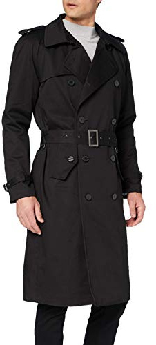 The Platinum Tailor Noir hommes traditionnel double boutonnage long Trench-coat Militaire Coton Imperméable - Noir, Noir, 46