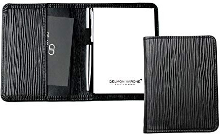 DELMON VARONE - Personalisierbares Notizblock Etui DIN A7 aus Premium Leder Manhattan schwarz, Taschen Memoblock im Lederetui mit Mini Kugelschreiber, Stiftschlaufe, Einschubfach und Notizblöcke