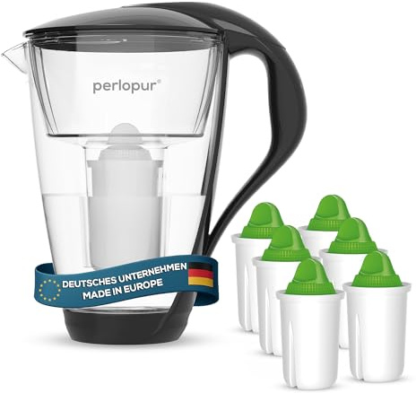 PearlCo - Filtro per acqua in vetro (nero) con 6 cartucce filtrante Alkaline classic - adatto per Brita Classic