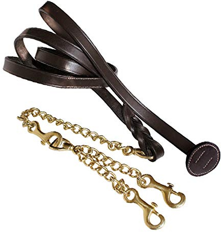 ExionPro Lederleine mit doppelter Messingkette mit Drehgelenk|Pflanzlich gegerbtes Leder|Option Schwarz, Havannabraun – Over, Full, Cob, Pony (Havanna, Pflanzlich gegerbtes Leder (Vorreiter)-Std)