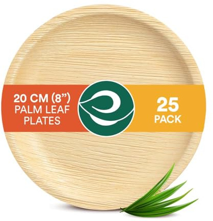 ECO SOUL Palm Leaf Plates 8”(20cm) 25 Round Bamboo Plate I Eco Friendly, Biodegradable, Compostable Heavy-Duty Plate, Disposable Plates for Dinner, Party & Events