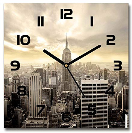 Tulup Glasuhr - 30x30cm - Schwarze Zeigern - Wanduhr Wandkunst Bild Gehärtetem Glas Uhr Echtglas Küche Wohnzimmer - Manhattan New York