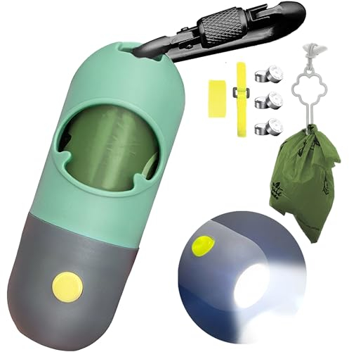 Dog Poo Bag Holder with Built-in LED Torch and Metal Clip for Lead, Each Poo Bag Dispenser Includes 15 Dog Poo Bags (Mint Green)