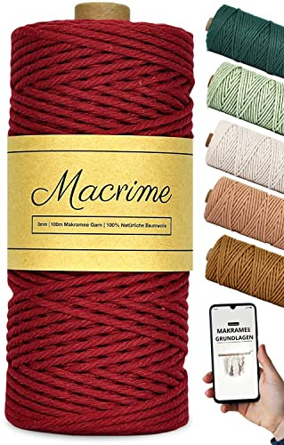 Premium Makramee Garn 3mm x 100m [Weinrot] + Anleitung/Ebook - 100% natürliche Baumwolle, 4-Fach gezwirntes Baumwollgarn - DIY Baumwollkordel zum Basteln