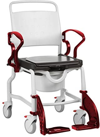 FabaCare Dusch- Toilettenrollstuhl Berlin, made in Germany, Premium Toilettenstuhl, Duschstuhl fahrbar, Rollstuhl mit WC Eimer, Grau-Rubinrot