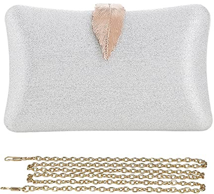 CORIOS Sac de Soirée pour Femme Pochette Mariage à Boucle de Feuille Sacs à Main D'épaule de Mariée Sacs Fourre-Tout de Chaîne Sac à Bandoulière Embrayage pour Fête Banquet Mariage Blanc