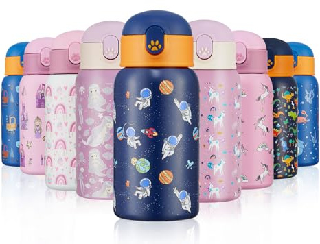 Autsel 400ml Borraccia Bambini con cannuccia, Bottiglia Termica per Bambini in Acciaio Inox a doppia parete, Bottiglia Acqua senza BPA | in Acciaio Inox, a doppia parete, Bottiglia Acqua senza BPA