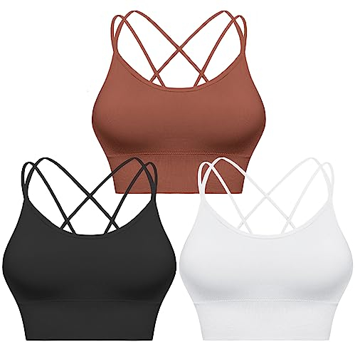 Sykooria Sport BH Damen Gepolstert Bustier Ohne Bügel Spaghettiträger Cross Back Design Push Up Sport Bra Top für Yoga Fitness, Schwarz+Weiß+Braun, M