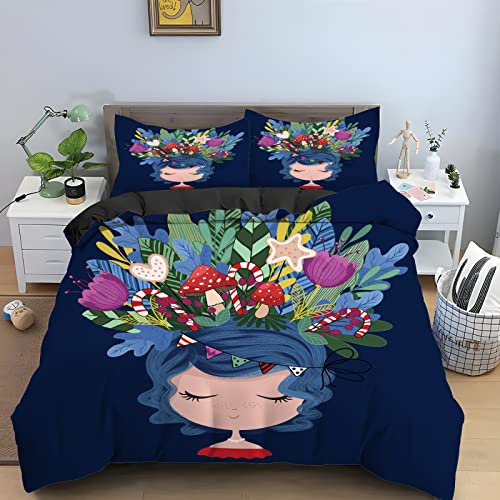 Housse de Couette 200x200 Blue Girl Print Housse de Couette Microfibre 3 Pièces Parure de Lit 1 Housses de Couettes + 2 Taies Oreiller 50x75cm Souple Linge de Lit et Oreillers