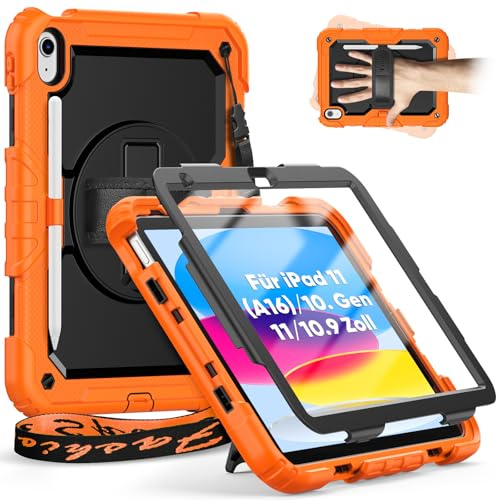 Timecity für iPad 11 Hülle, iPad A16/ 10 Generation Hülle mit Stifthalter | für iPad Hülle 10. Generation, iPad 2025/2022 10.9/ 11Zoll, iPad Hülle mit Ständer/ Handschlaufe/Schultergurt - Orange
