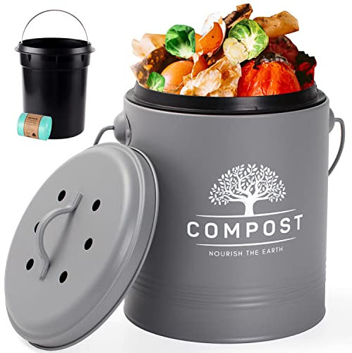 PERFNIQUE Compost Bin - 1.3 Gal Countertop Composter with Lid, Indoor Compost Bucket with Inner Liner and Carbon Filter, Grey