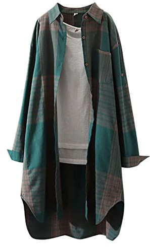 Lange Bluse Damen Leinenhemd Lang Kariert Shirt Frühling Revers Langarmshirt Knopfleiste Hemd Leinenbluse Lose Longbluse Blusenshirt Oberteile Tops