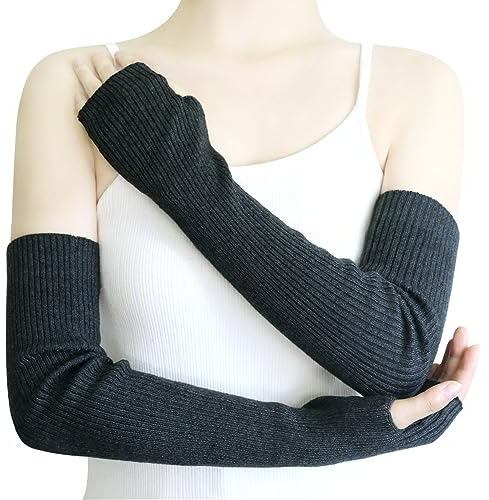 YATANAM Handgelenkwärmer aus Wollmischgewebe, warme fingerlose Handschuhe, gestrickt, weiche Armstulpen, Ärmeln, Tippfäustlinge für Frauen, Dunkelgrau, 15.7''/40cm