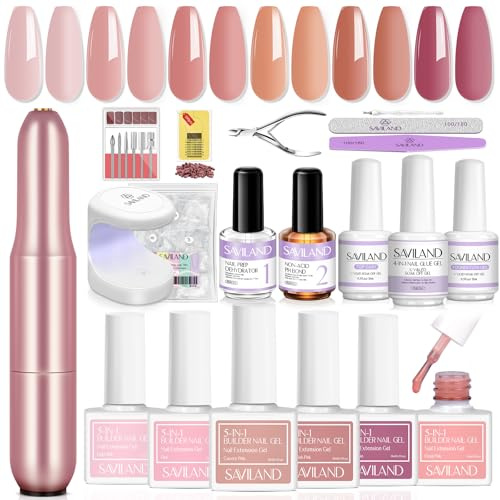 Saviland All-In-1 Nail Builder Gels Kit: 6 Classic Colors Builder NailGel With Drill Mini Nail Lamp Nail Glue Gel Base Top Coat, Hard Gel for Nail Extension Builder Gels for Nails Starter Kits | With Drill Mini Nail Lamp Nail Glue Gel Base Top Coat, Hard Gel for Nail Extension Builder Gels for Nails Starter Kits