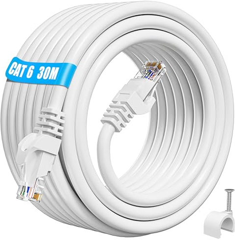 ikbc Ethernet Cable 30m Outdoor Indoor, Cat 6 Internet Cable 30m High Speed Ethernet, 23AWG RJ45 LAN Cable 1000Mbps 250MHz, UTP Waterproof Gigabit Cat 6 30 meter White for Router PS4/5 (30 Clips)