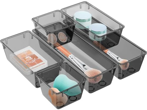 6 Pack Clear Drawer Organizer Set, Drawer Storage Trays, Storage Bins