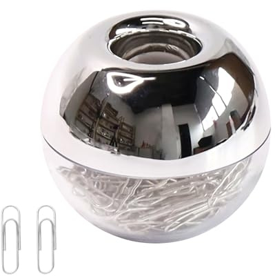PAPABA Farbbeständiger Büroklammer-Spender, Marmor-Metallic-Glanz, magnetischer Halter mit 100 Clips, transparenter Boden, runder Desktop-Organizer, Aufbewahrungsbox Silber