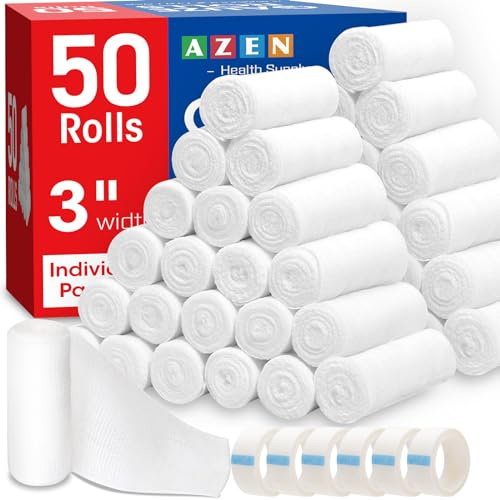 AZEN Lot de 50 rouleaux de gaze, 7,6 cm x 4 m, fournitures médicales et fournitures de premiers secours, bandage vétérinaire