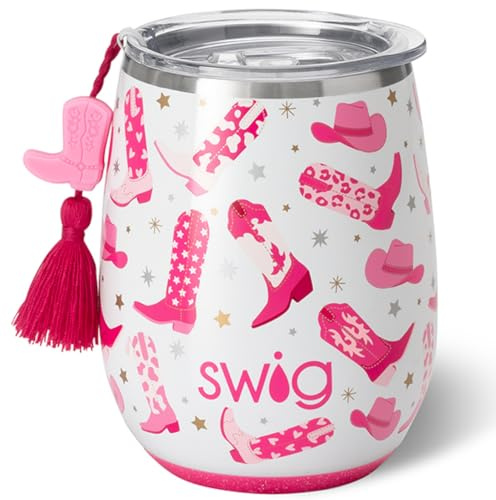 Swig Life 14oz Stemless Wine Cup, Insulated Wine Tumbler with Lid, Lightweight Stainless Steel Travel Tumbler, Cowgirl Cups, 21st Birthday, Bachelorette Party Gifts for Women (Let's Go Girls)