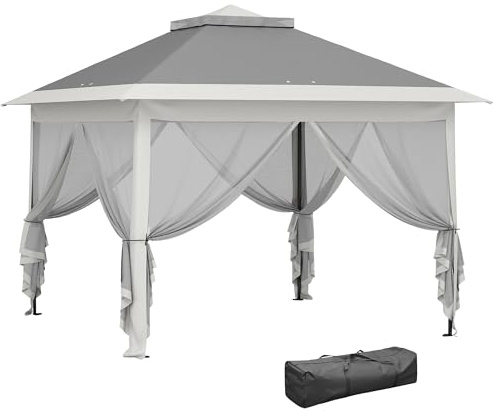 Outsunny 3.3 x 3.3m Pop Up Gazebo with Double Roof, Dark Grey | Foldable Canopy Tent, Zipped Mesh Sidewalls, Height Adjustable, Carrying Bag, Event Tent, Patio Garden