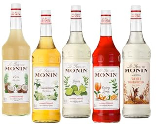 MONIN Bar Cocktail Probierpaket 5 x 1,0 l | Cocktail Klassiker mit Holunderblüte, Kokosnuss, Limette, Orange & Rohrzucker für Bar und Zuhause