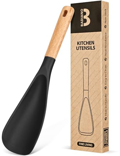 Cooking Spoon for Nonstick Cookwares, Great for Cooking and Serving Sturdy BPA-Free Matte Silicone, Wood Handle Spoon for Mixing, Scoop, and Scrape (BLACK, 11.4 inch)
