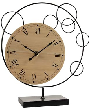 Orologio da Tavolo dal Design Moderno, Orologio da Comodino con Quadrante in Legno e Struttura in Metallo, Orologio da Tavolo Vintage 24x7x27 cm