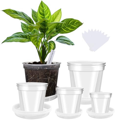 YALIOURS Macetas transparentes para plantas, 10/12/15/18 cm, macetas de plástico con agujeros de drenaje, 8 unidades de macetas de jardín, macetas de inicio de semillas con bandeja y 10 etiquetas para
