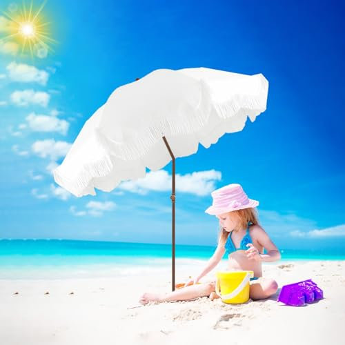 Sonnenschirm Strand 1,8 m großer Sonnenschirm für den Außenbereich, neigbar, weißer Terrassenschirm mit Quaste, Urlaubs-Quaste, Strandschirme für Sand, UPF50+, wasserdichter Tischschirm, winddicht, h