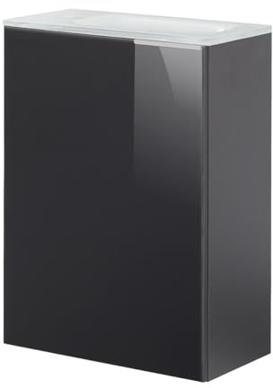 FACKELMANN Kara Gäste-WC Set 3 Teile – Waschtischunterschrank mit Glasfront in Anthrazit mit Waschbecken aus Glas in Weiß – SBC Waschbecken beleuchtet – Türanschlag Links – 45 cm breit