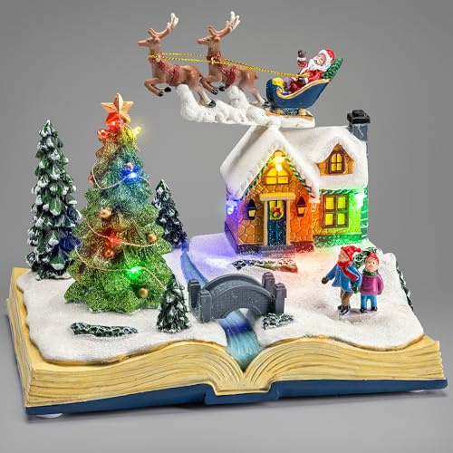 CHRISTOW Christmas Village Scene with Music, Light Up LED Santa & Reindeer Decoration, Polyresin Festive Ornament, Plays 8 Musical Xmas Song, Battery or Mains Operated (H16cm x W21cm x D14cm)