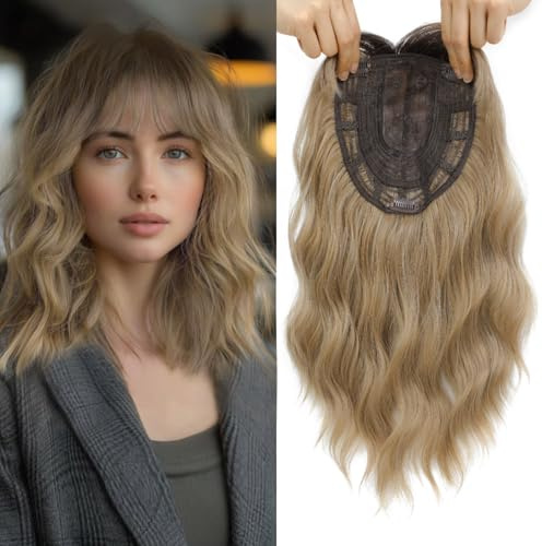 Nexyshe Haaraufsatz, Welliges Haar mit Pony, 35,6 cm Haaraufsätze für dünner werdendes Haar, 16,5 x 16,5 cm großes Basis-Haarteil für Damen, zum Einklipsen