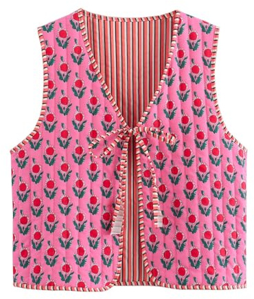 Women Quilted Vest Floral Cropped Puffer Tie Front Sleeveless Lightweight Outwear Padded Gilet Outwear(Rose,M)