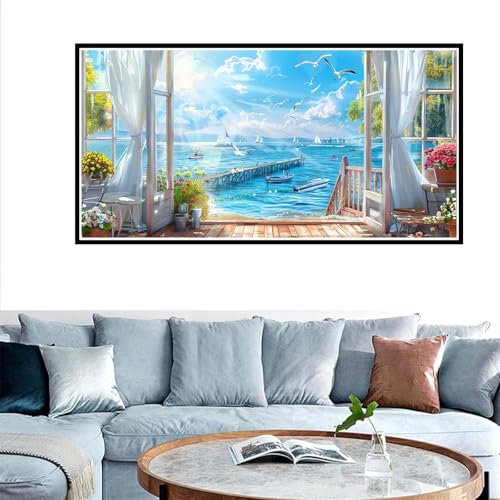 Malen Nach Zahlen Erwachsene am Meer, Landschaft Malen Nach Zahlen ab 7 Jahre Mädchen Geschenk, DIY Ölgemälde AnfäNger Bastelset, Knitterfreie Leinwand, mit 3 Pinsels Und Acrylfarbe, Wandeko 50x100cm