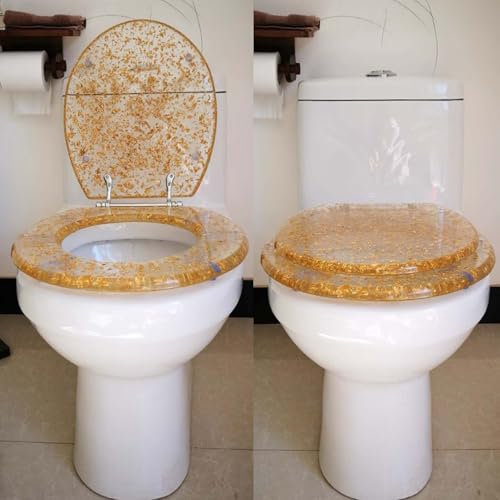 Blazea Transparenter Toilettensitz Toilettensitz mit Gold-Silber-Folien-Design, Transparenter Toilettensitzbezug aus Harz, Stummer Toilettendeckel mit Absenkautomatik, Badezimmerdekor(Gold)