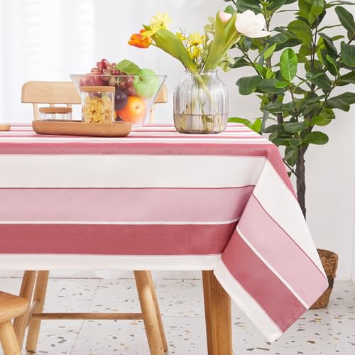 Deconovo Striped Tablecloth Water Resistant Wipe Clean Outdoor Table Cloth Washable Rectangular Tablecloths for Dinner 54 x 108 Inch Dark Pink and Light Pink