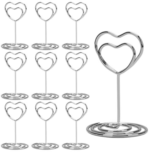 10Pcs Table Number Holders 2 Inch Mini Place Card Holders Short Photo Stands Photo Clip Holder Stand for Wedding Party Christmas Graduation Restaurant Office Home Decorations Memo (Heart Silver)