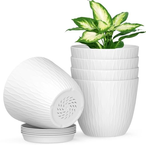 Plastic Plant Pots Indoor, 5 Pack 15cm Stripe Grooves Flower Pots with Drainage Holes and Tray, Modern Decorative Planter Pot for All House Plants（White）