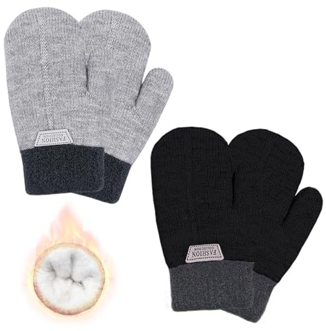 Beurlike 2 Pairs Kids Mittens Fleece Winter Gloves for Boys Girls Children Warm Knitted Snow Gloves for 3-7 Years(BlackGrey)