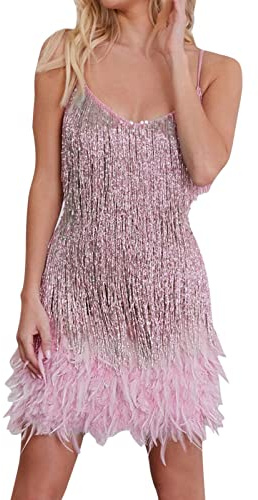 PINTUTU Femme Robe Couleur Unie sans Manche 1920S Robe à Frange Bretelles Chic Robe à Charleston Déguisement pour Soirée Danse Latine Robe sans Manches en Plumes à Sequins à Franges de Couleur