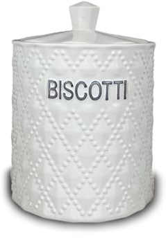ARCA, Biscottiera Ermetica in Ceramica Lavorata, Barattolo Porta Biscotti con Pomello Ergonomico, Lavabile in Lavastoviglie, 17x18 cm, Fantasia Fine, Colore Bianco