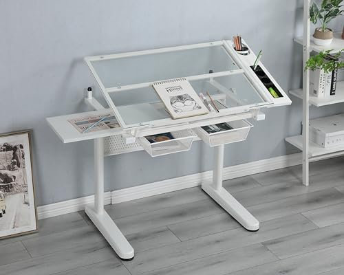 Höhenverstellbarer Zeichentisch Aus Glas, Handkurbellift (75-120 Cm),0-75° Neigbare Schreibtischplatte,Große Aufbewahrungsschubladen,Mit Verstellbaren Füßen Und Hocker,Werkbank For Den Einsatz Im Büro